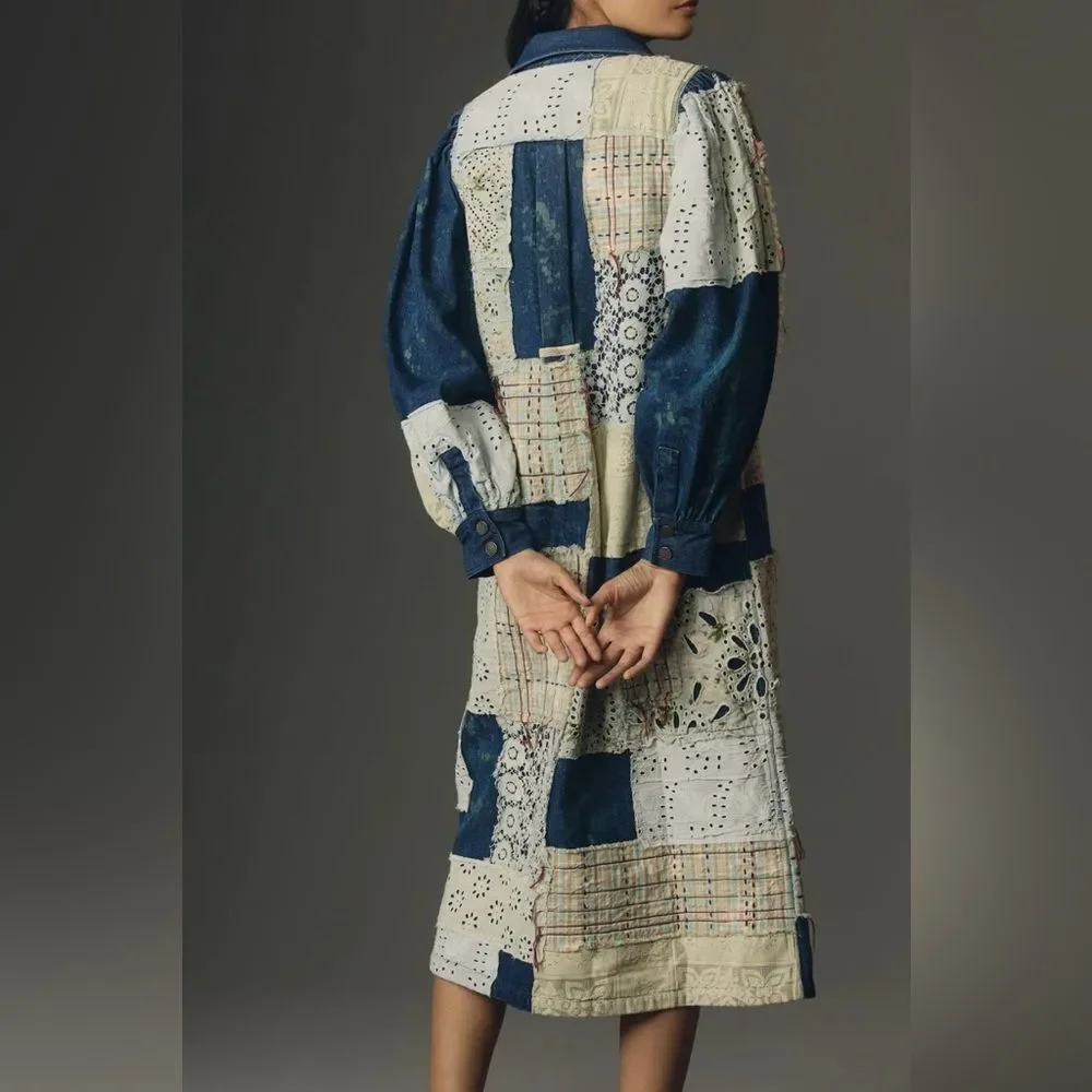 Anthropologie Let Me Be Denim Patchwork Shirt Dress - Picture 2 of 5